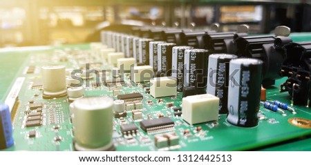 Circuit board with electronic components, Piece of electronic equipment such as microchips, capacitors, transistors, resistances and other electronic components mounted on PCB ,PCBA