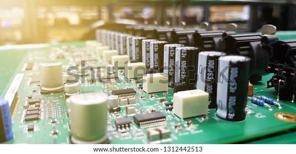 Circuit board\
with electronic components, Piece of electronic equipment such as\
microchips, capacitors, transistors, resistances and other\
electronic components mounted on PCB\
,PCBA