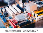 Circuit board. Electronic computer hardware technology. Motherboard digital chip. Tech science background. Integrated communication processor. Information engineering component. Retro style