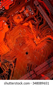 Circuit board. Electronic computer hardware technology. Motherboard digital chip. Tech science background. Integrated communication processor. Information engineering component. Retro style