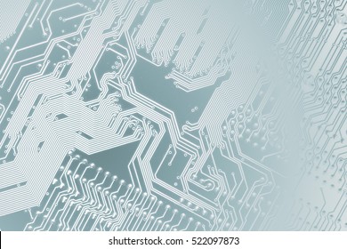Circuit board. Electronic computer hardware technology. Motherboard digital chip. Tech science background. Integrated communication processor. Information engineering component. Light blue colors.