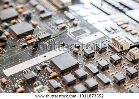 Circuit board. Electronic computer hardware technology. Motherboard digital chip. Tech science background. Integrated communication processor. Information engineering component.