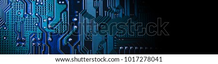 Circuit board. Electronic computer hardware technology. Motherboard digital chip. Tech science background. Integrated communication processor. Information engineering component. Blue, green color.