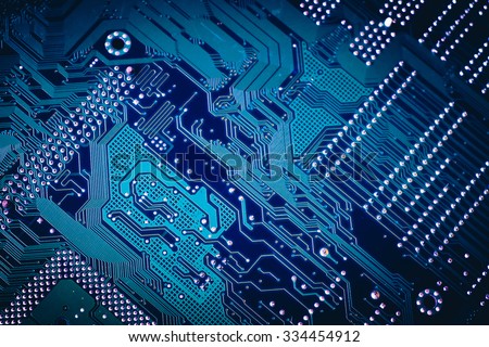 Circuit board. Electronic computer hardware technology. Motherboard digital chip. Tech science background. Integrated communication processor. Information engineering component. Blue, green color.
