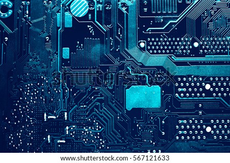 Circuit board. Electronic computer hardware technology. Motherboard digital chip. Tech science background. Integrated communication processor. Information engineering component. Blue color.