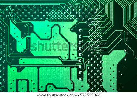 Circuit board. Electronic computer hardware technology. Motherboard digital chip. Tech science background. Integrated communication processor. Information engineering component. Green color.