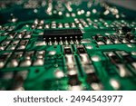 Circuit board with electrons. Motherboard. Electronic circuit board close up. Electronic computer hardware technology. Motherboard digital chip. Tech service.