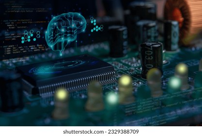 circuit board with microship, capacitors, program source code, leds and brain hologram close-up. Artificial intelligence concept