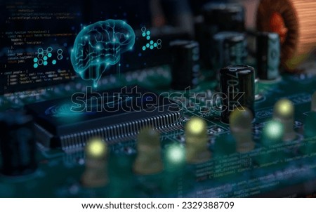 circuit board with microship, capacitors, program source code, leds and brain hologram close-up. Artificial intelligence concept