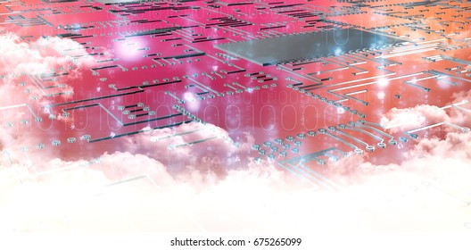 Circuit board on white background against clouds over binary coded screen