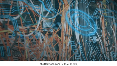 Circuit board patterns and wires create a complex backdrop. The intricate design symbolizes the complexity of modern technology.