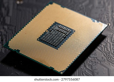Circuit board with processor on electronic surface. Circuit board in macro background with processor chip. Circuitboard for computing data with processor. Digital texture with processor chip.