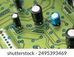 Circuit board with resistors microchips and electronic components background. Computer hardware technology. Integrated communication processor.