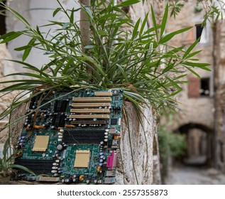 Circuit board transformed into a planter among urban ruins in a narrow alleyway