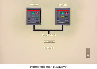 Circuit Breakers Panel Diagram Of Power Electrics Automatic Transfer Switch (ATS) On Rack Cabinet In Control Room