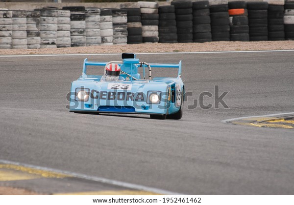 Circuit of Jarama, Madrid, Spain; April 03 2016:\
Chevron B23 in a classic car race at the Jarama circuit exiting a\
curve with a slight change in\
grade