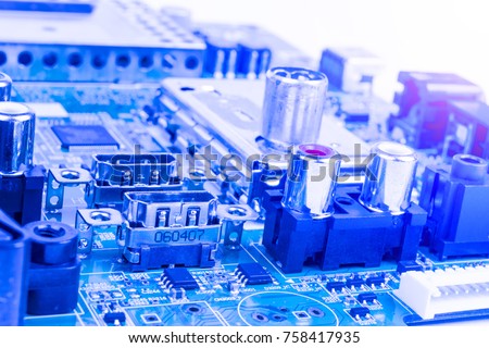 Circuitboard with resistors, microchips and electronic components. Electronic computer hardware technology. Integrated communication processor. Information engineering component. Semiconductor. PCB.