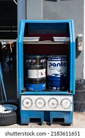 Circuito De Valencia, Cheste Ricardo Tormo, Spain; June 6, 2022: Metal Cabinet With Two Competition Gasoline Drums