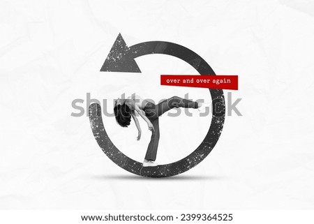 Circular arrow collage button sync or rotation icon of young woman doing over again restarting process isolated on white background