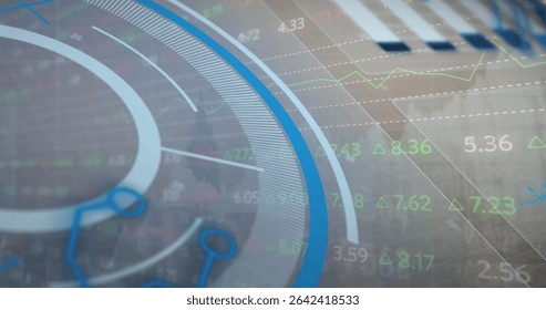 Circular blue gauge overlaying translucent grid in finance UI, with numeric overlays and triangles. Futuristic, analytics, data visualization, digital interface, financial technology, dashboard,