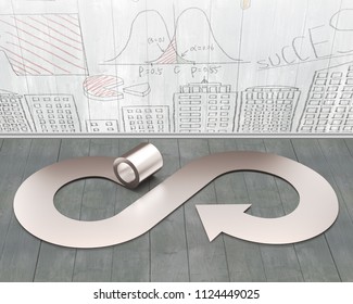 Circular Economy Concept. Metal Roller And Arrow Infinity Recycling Symbol On Wooden Floor, With Business Concept Doodles Wood Wall Background.