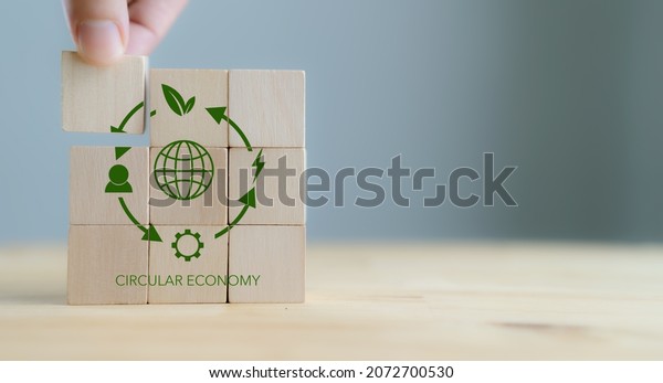 Circular economy concept, recycle,\
environment, reuse, manufacturing, waste, consumer, resource.\
3rd.Sustainable development. Hand put wooden cubes; the symbols of\
circular economy on grey\
background.