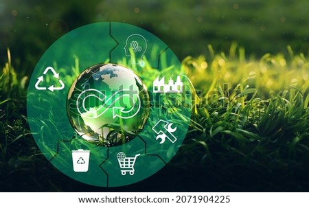 Circular economy concept. Sharing, reusing,repairing,renovating and recycling existing materials and products as much possible.Energy consumption and CO2 emissions are increasing
