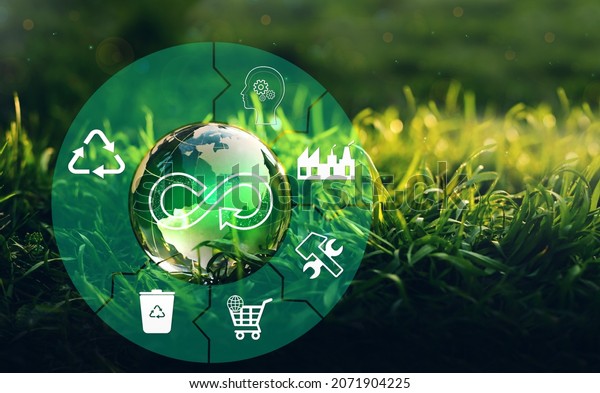 Circular\
economy concept. Sharing, reusing,repairing,renovating and\
recycling existing materials and products as much possible.Energy\
consumption and CO2 emissions are\
increasing