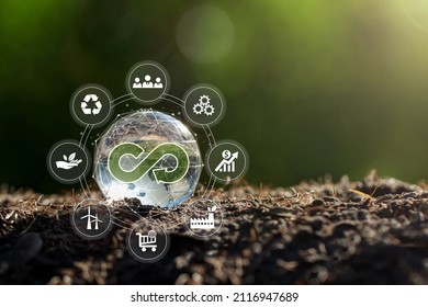 Circular economy concept.crystal globe with a circular economy icon around it.circular economy for future growth of business and design to reuse and renewable material resources.   - Shutterstock ID 2116947689