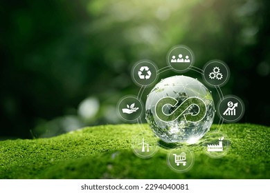 Circular economy concept.crystal globe with a circular economy icon around it.circular economy for future growth of business and design to reuse and renewable material resources.reusing, recycling.