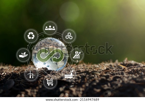 Circular economy concept.crystal globe with a circular\
economy icon around it.circular economy for future growth of\
business and design to reuse and renewable material resources.\
\
\
\
\
\
\
\
\
\
\
\
\
 