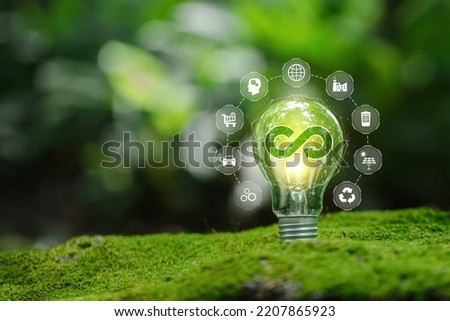 Circular economy concept.light bulb with circular economy icons.circular economy for future growth of business and environment sustainability.green business based on renewable energy. Sharing, reusing