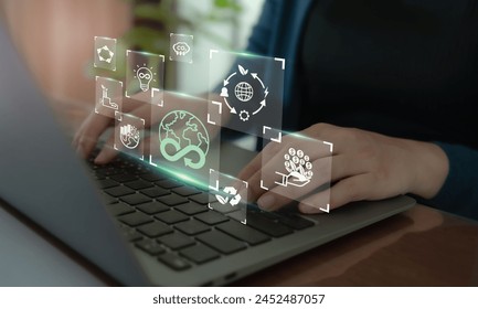 Circular economy and sustainability strategies concept. The sustainable solutions for reducing waste and maximizing the use of resources, reduce, reuse, recycle, use of natural resources. 