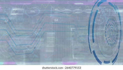 Circular fingerprint icon hovering over control interface, with holographic charts, copy space. Futuristic, cyber, technology, interface, security, digital, innovation