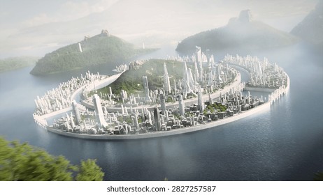 Circular Floating Megacity Built on an Artificial Island Ring in a Misty Lake, White Towers Encircling a Forested Hill While Causeways Connect Jungle Mountains in This Futuristic Vision