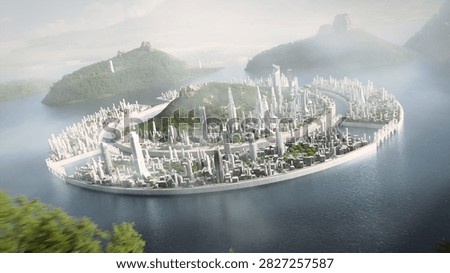 Circular Floating Megacity Built on an Artificial Island Ring in a Misty Lake, White Towers Encircling a Forested Hill While Causeways Connect Jungle Mountains in This Futuristic Vision