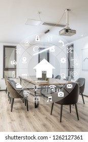 Circular Futuristic Interface Of Smart Home Automation Assistant On A Virtual Screen And A User Touching A Button