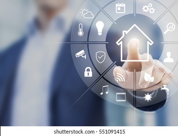 Circular futuristic interface of smart home automation assistant on a virtual screen and a user touching a button - Shutterstock ID 551091415