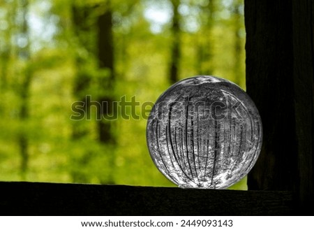 A circular glass ball rests on a wooden window sill, framed by trees and natural landscape. Tints of green from grass and plant twigs complement the serene scene