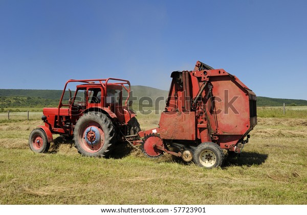 Circular Hay Baler Red Tractor Stock Photo Edit Now