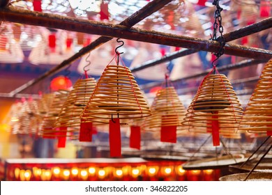 Circular Incenses Burning In Man Mo Temple, Hong Kong, China