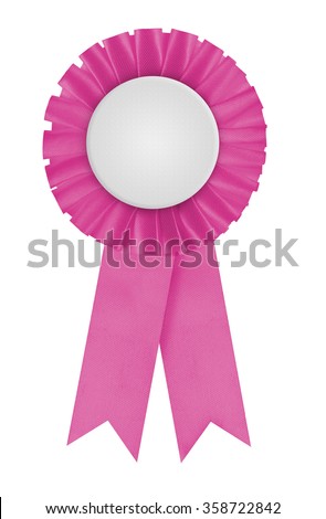 Circular pleated pink ribbon winners rosette with blank white center for applying a design to. Photographed on a blank white background. Can be used to represent femininity or breast cancer causes.