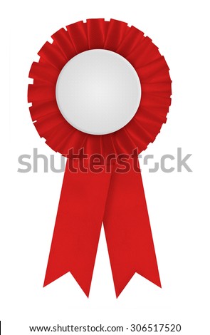 Circular pleated red ribbon winners rosette with blank white center for applying a design to. Photographed on a blank white background.