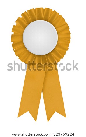 Circular pleated yellow ribbon winners rosette with blank white center for applying a design to. Photographed on a blank white background.