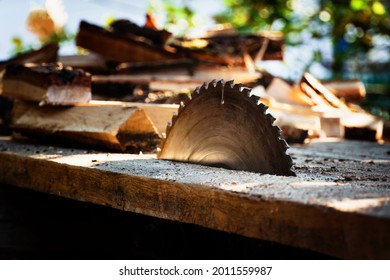 Circular Power Saw For Cutting Wood. Circular Saw Blade On A Wooden Machine.