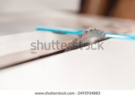 Circular saw blade partially cutting through a piece of wood, with a shallow depth of field emphasizing the machinery and tools of a craftsman carpenter's workshop