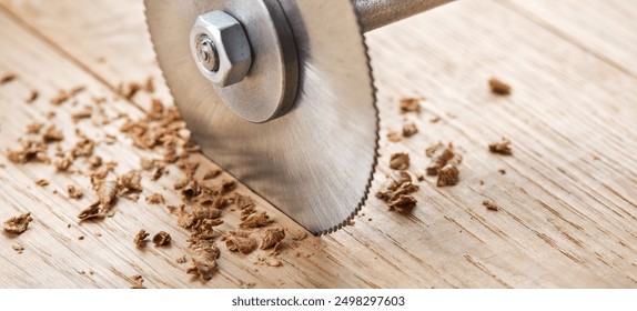 Circular saw cutting wooden plank. Circular milling in oak block. - Powered by Shutterstock