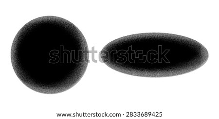 A circular shape and an oval shape are connected by a short, thin horizontal line, all displayed on a white background. Both shapes are filled with a dark, grainy, textured pattern that fades from black toward the edges. The circular form on the left and the elongated oval on the right are distinct, yet linked by the central bridge. The contrast between the dark, textured forms and the clean white background creates a bold, minimalist visual for various uses.
