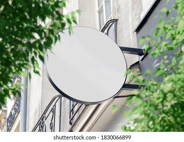 Circular Store Brand Sign Board Mockup. Empty Rounded Shop Frontage In Street