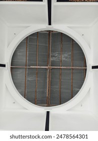 the circular structure of the building. there are supporting columns with a black pattern and white walls. in the circle hole there is a zinc roof covering with wooden beams supporting it.